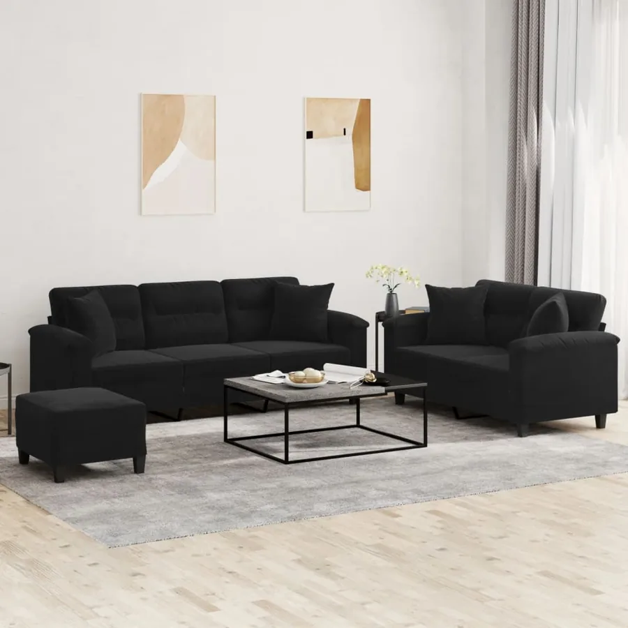 Ensemble de canapés 3 pcs avec coussins Noir Tissu microfibre