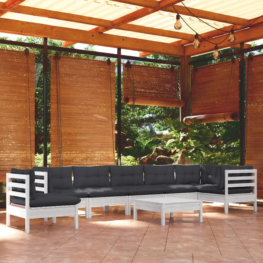 Salon de jardin 9 pcs avec coussins blanc bois de pin massif