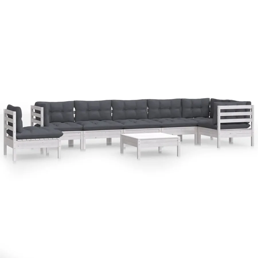 Salon de jardin 9 pcs avec coussins blanc bois de pin massif - 2