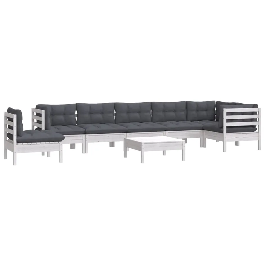 Salon de jardin 9 pcs avec coussins blanc bois de pin massif - 3