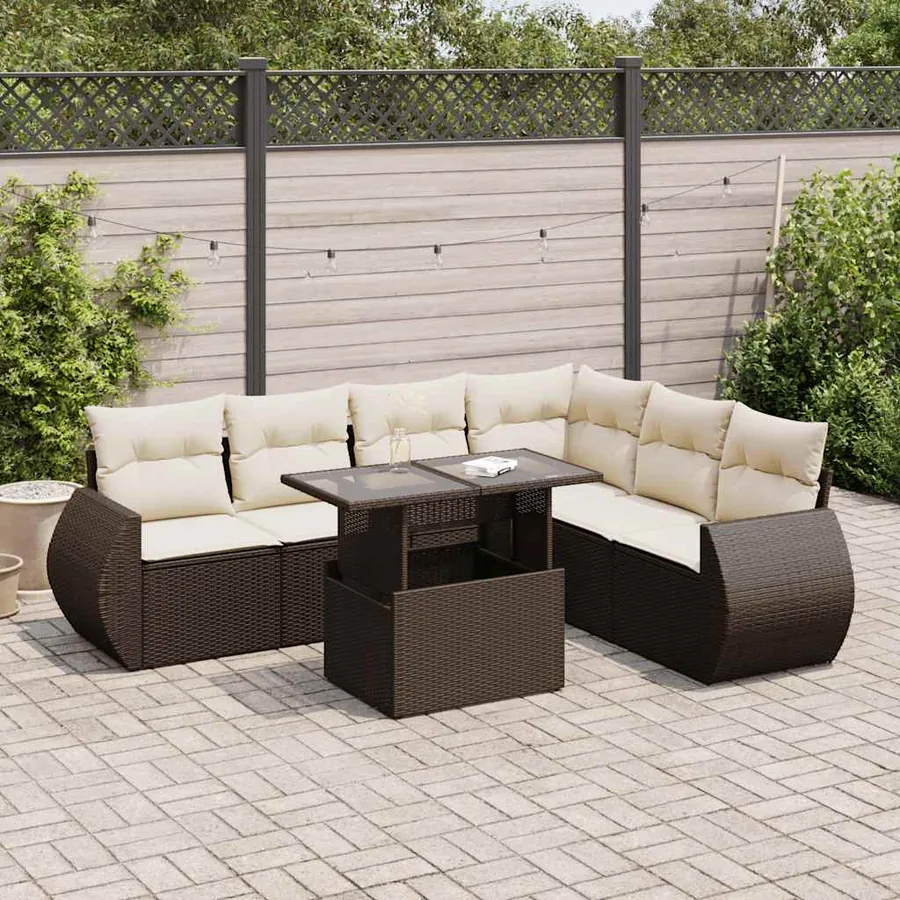 Salon de jardin avec coussins 7 pcs marron résine tressée