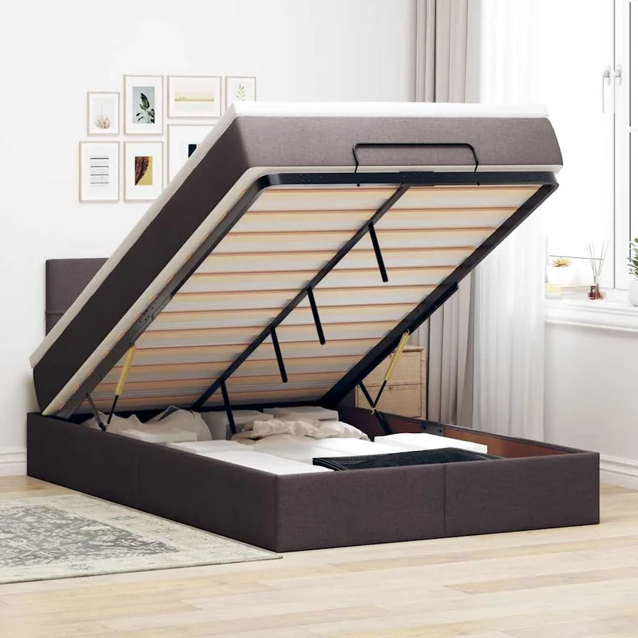 Cadre de lit ottoman avec matelas marron foncé 120x190 cm tissu