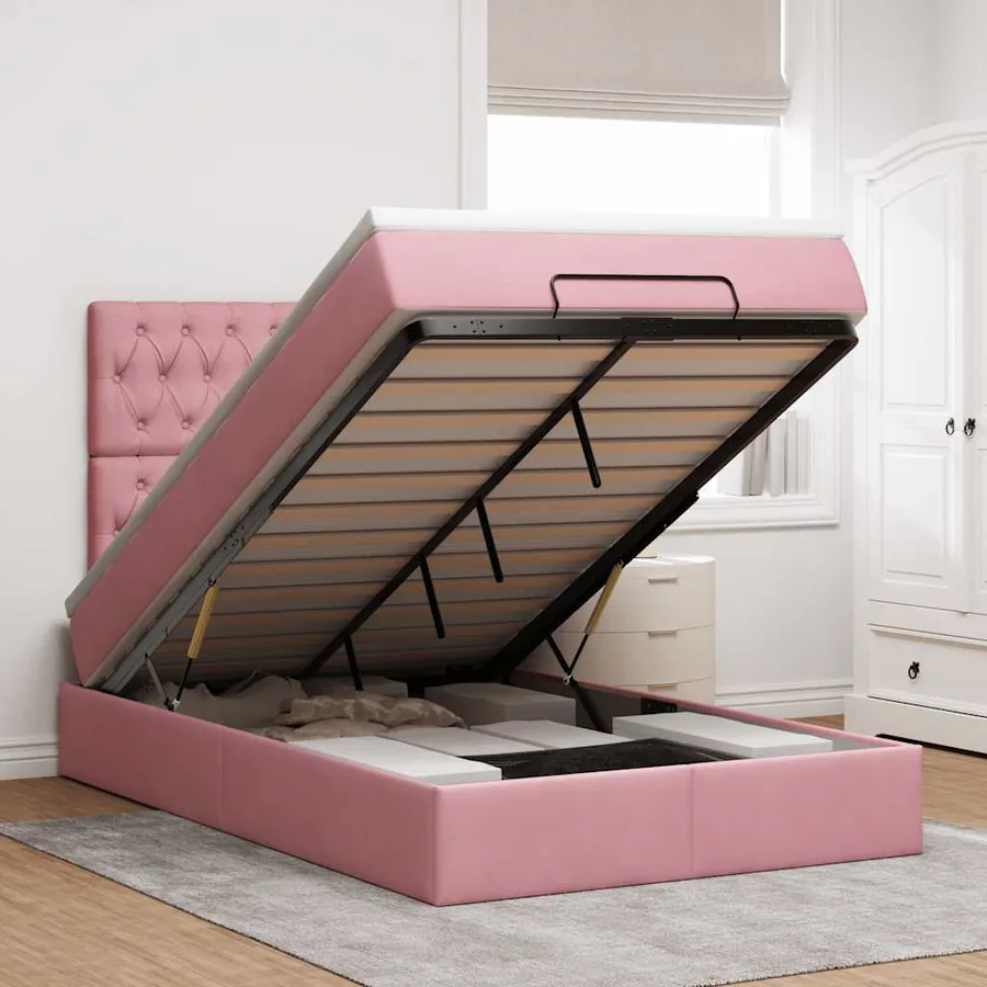 Cadre de lit ottoman avec matelas rose 120x200 cm velours