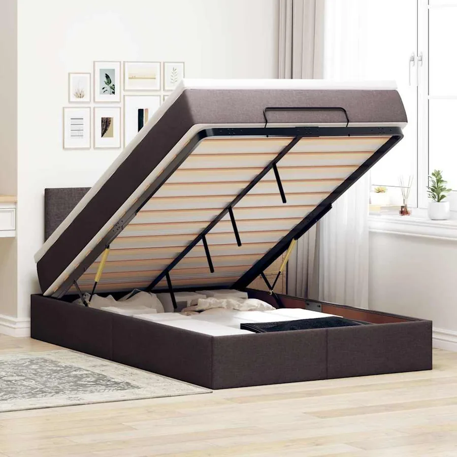 Cadre de lit ottoman avec matelas marron foncé 120x190 cm tissu