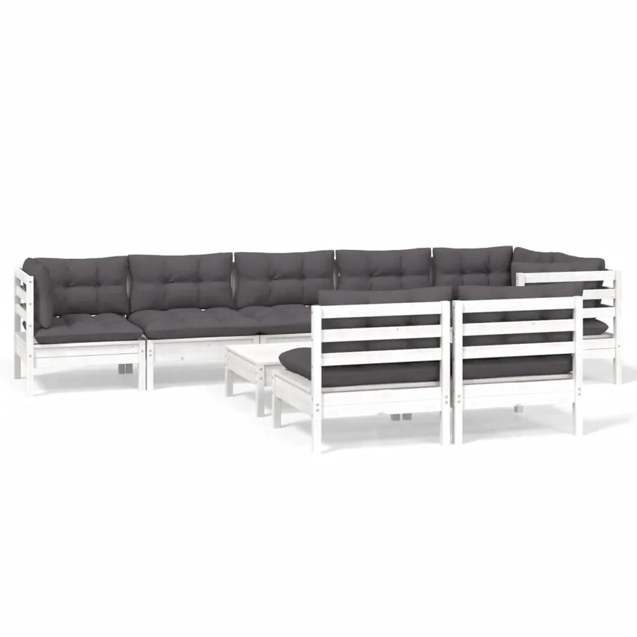 Salon de jardin 9 pcs avec coussins blanc bois de pin massif - 2