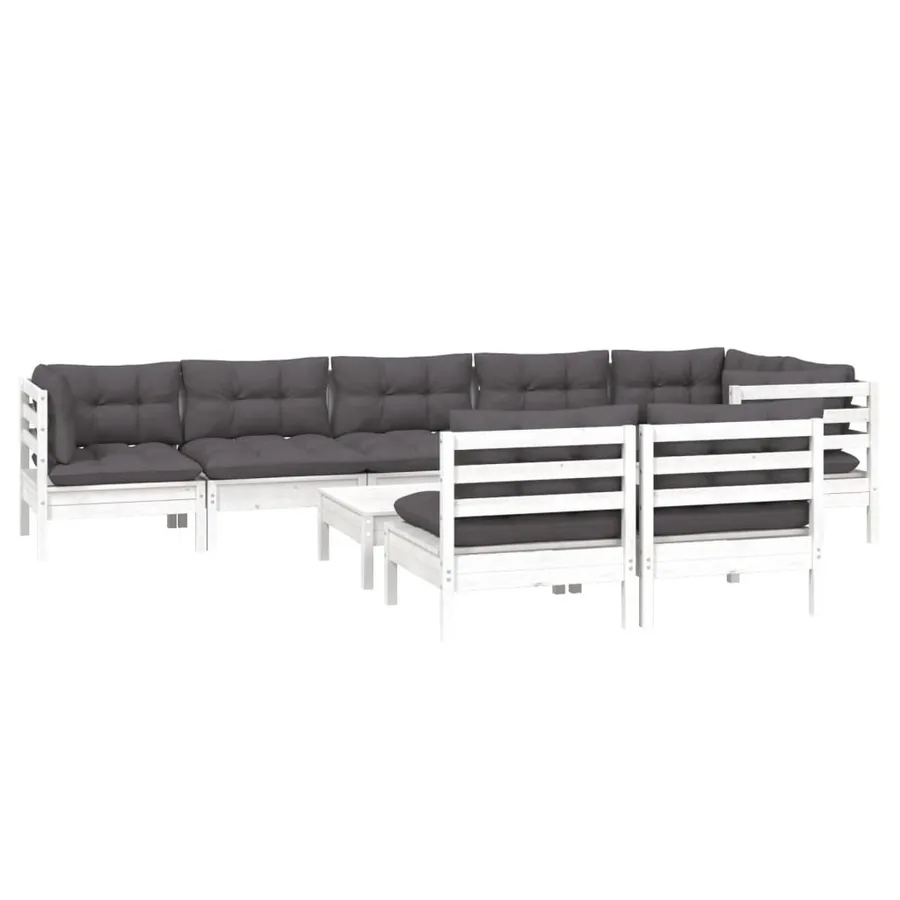 Salon de jardin 9 pcs avec coussins blanc bois de pin massif - 3
