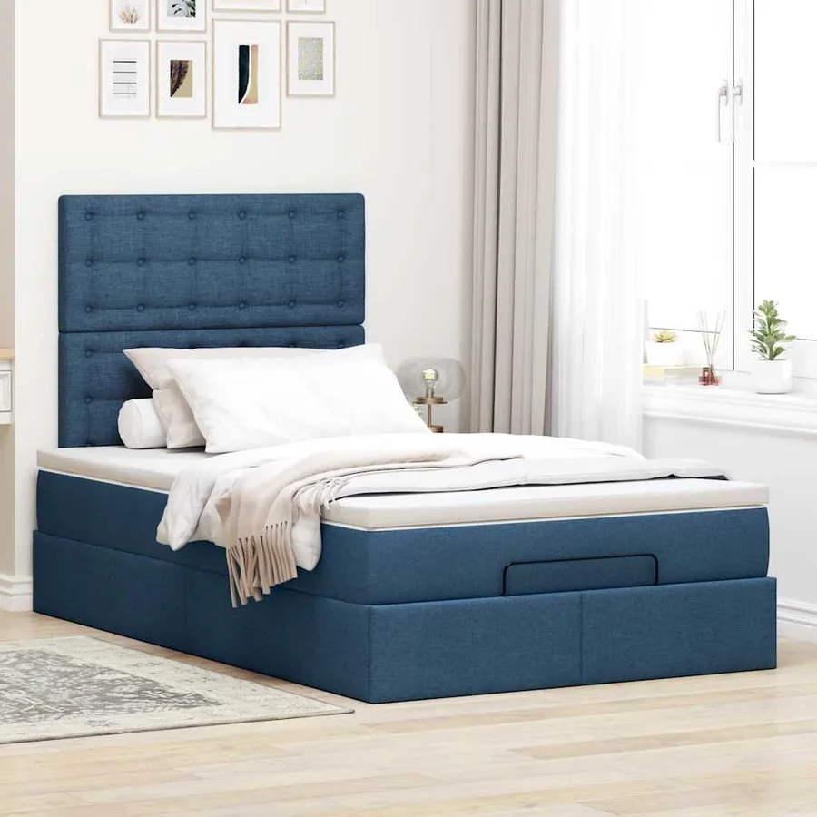 Cadre de lit ottoman avec matelas bleu 120x190 cm tissu - 3