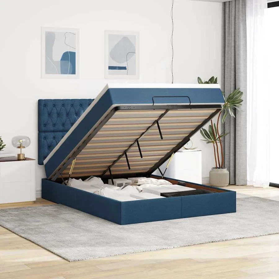 Cadre de lit ottoman avec matelas bleu 140x200 cm tissu