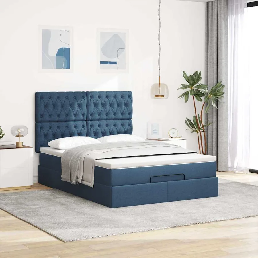 Cadre de lit ottoman avec matelas bleu 140x200 cm tissu - 4