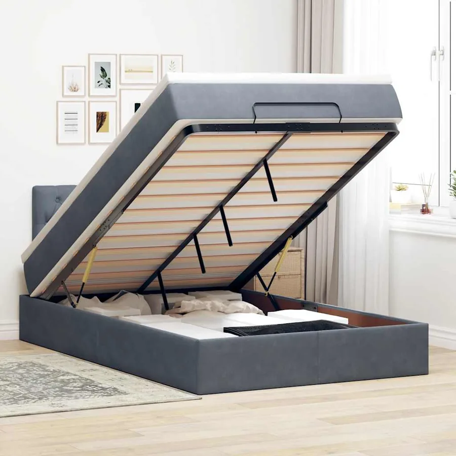 Cadre de lit ottoman et matelas gris foncé 120x200 cm velours