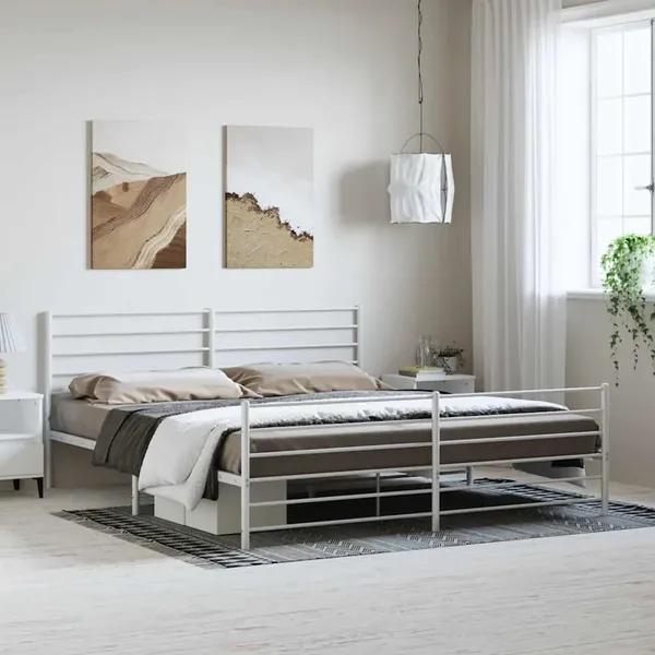 Cadre de lit métal sans matelas et pied de lit blanc 183x213 cm