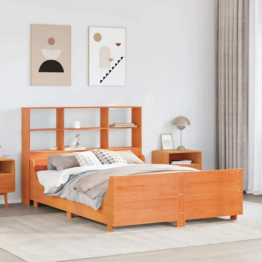 Lit bibliothèque sans matelas cire marron 135x190cm bois massif