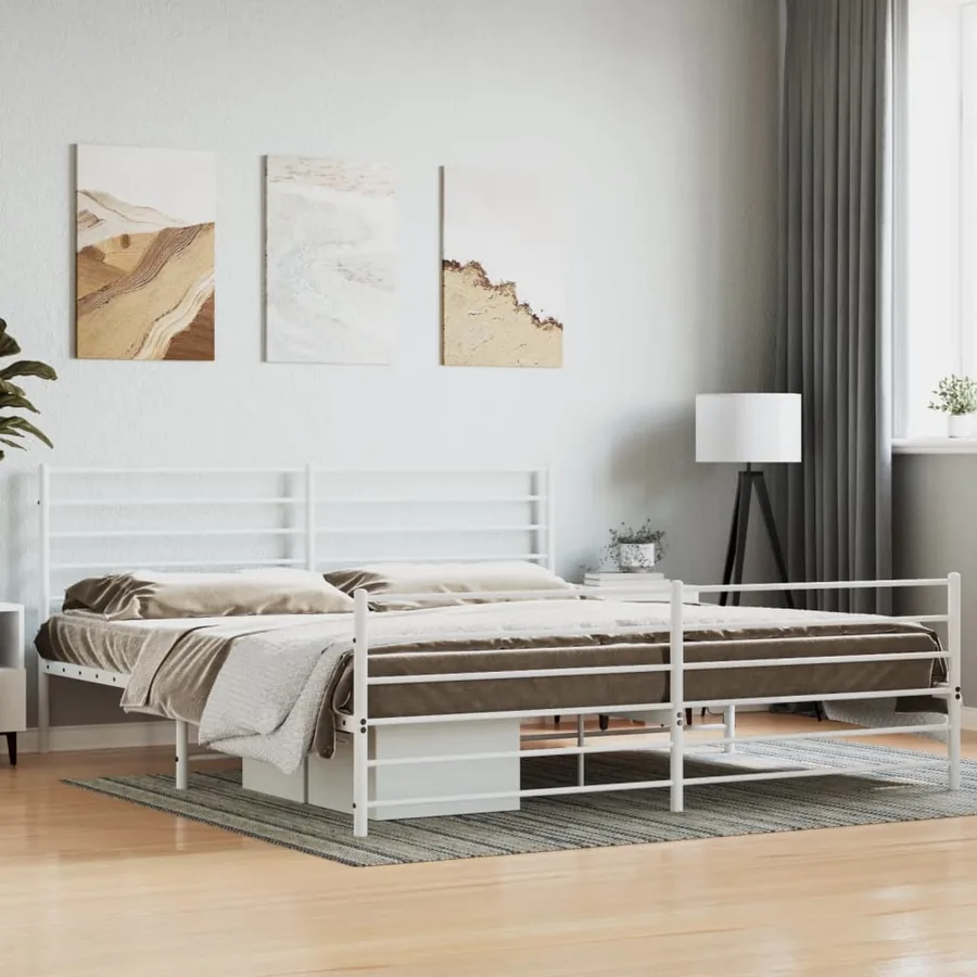 Cadre de lit métal sans matelas et pied de lit blanc 200x200 cm