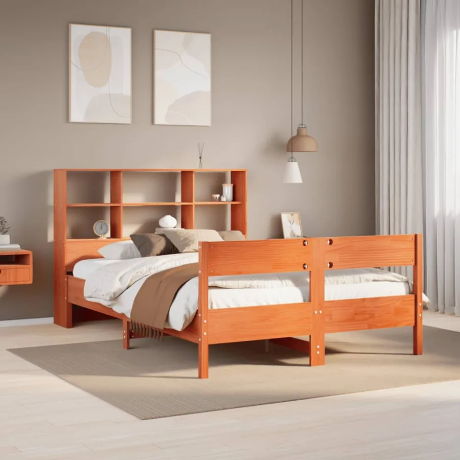 Lit bibliothèque sans matelas cire marron 160x200 cm pin massif