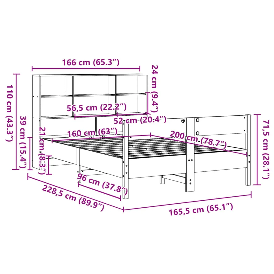 Lit bibliothèque sans matelas cire marron 160x200 cm pin massif - 12