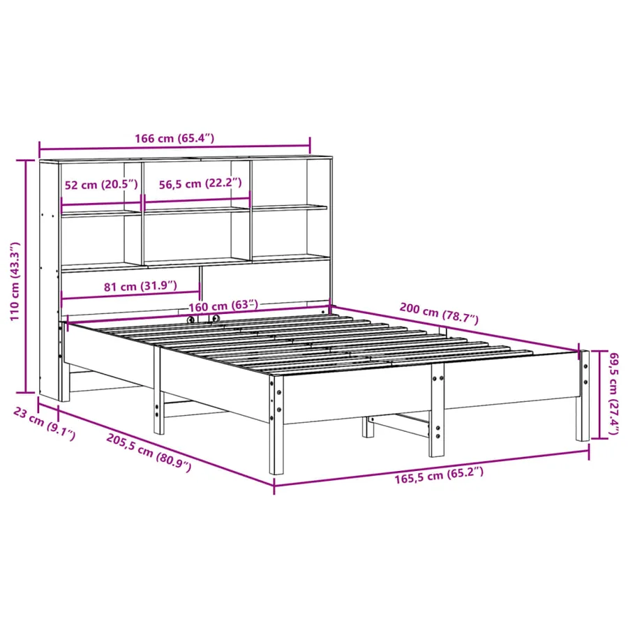 Lit bibliothèque sans matelas blanc 160x200 cm bois pin massif - 11