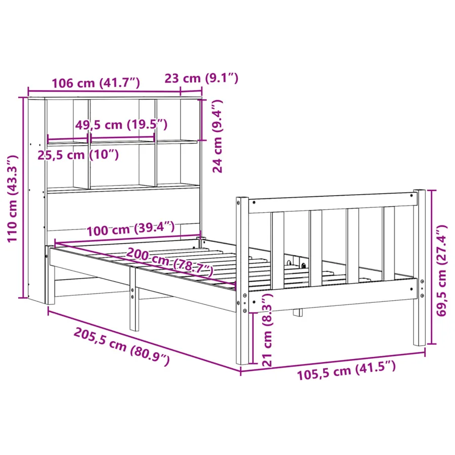 Lit bibliothèque sans matelas cire marron 100x200 cm pin massif - 11