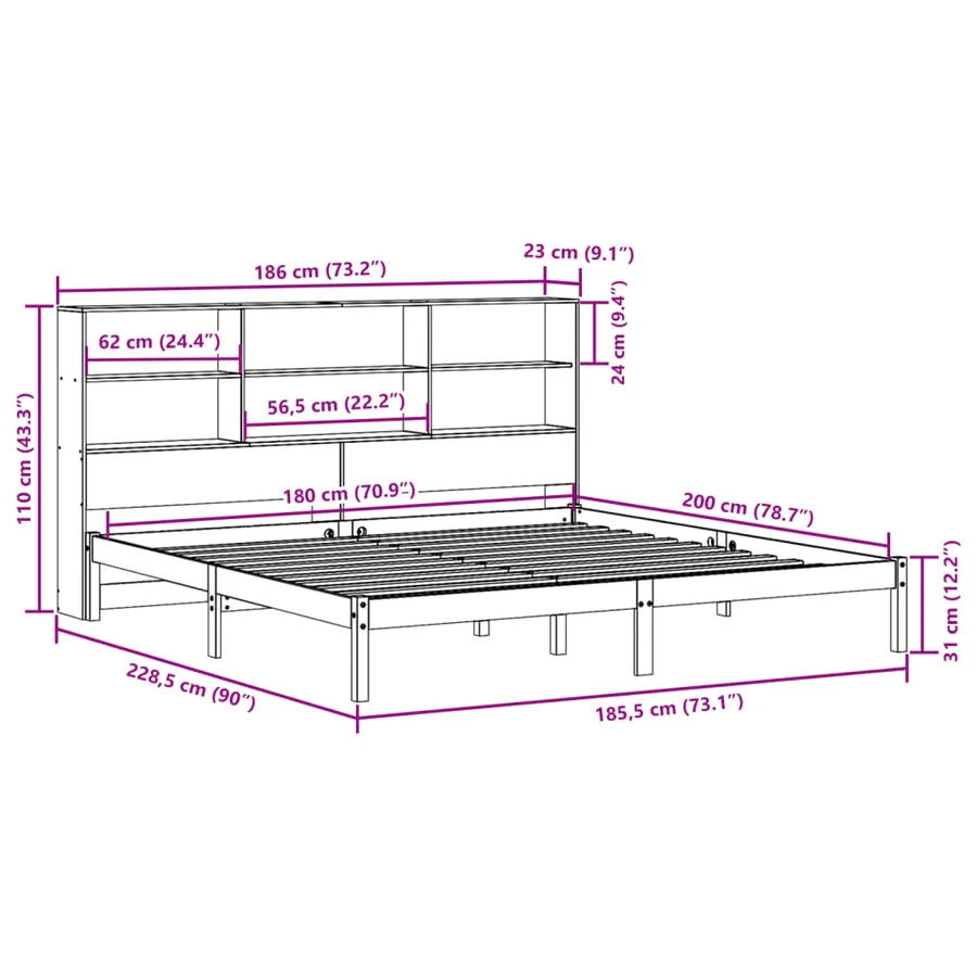Lit bibliothèque sans matelas blanc 180x200 cm bois pin massif - 12