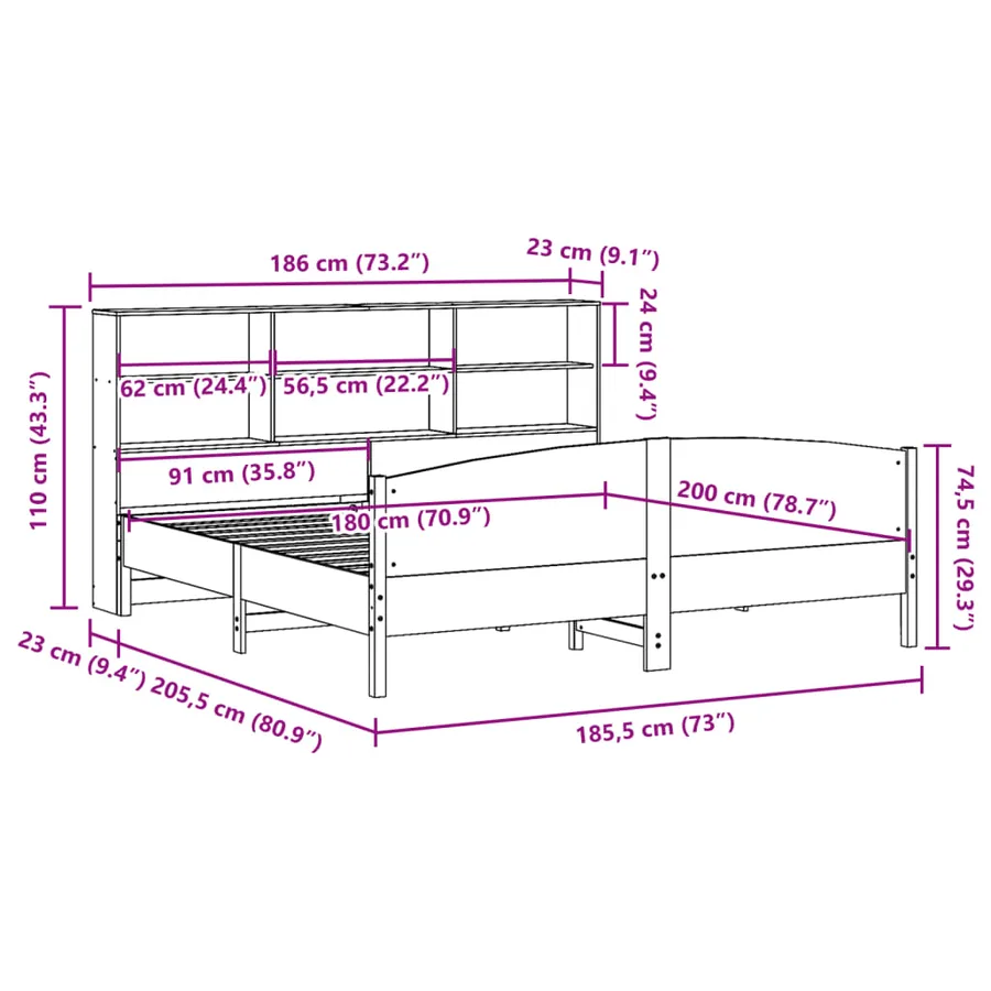 Lit bibliothèque sans matelas blanc 180x200 cm bois pin massif - 12