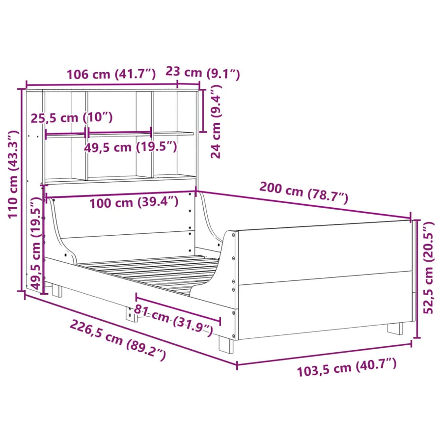 Lit bibliothèque sans matelas cire marron 100x200cm bois massif - 12