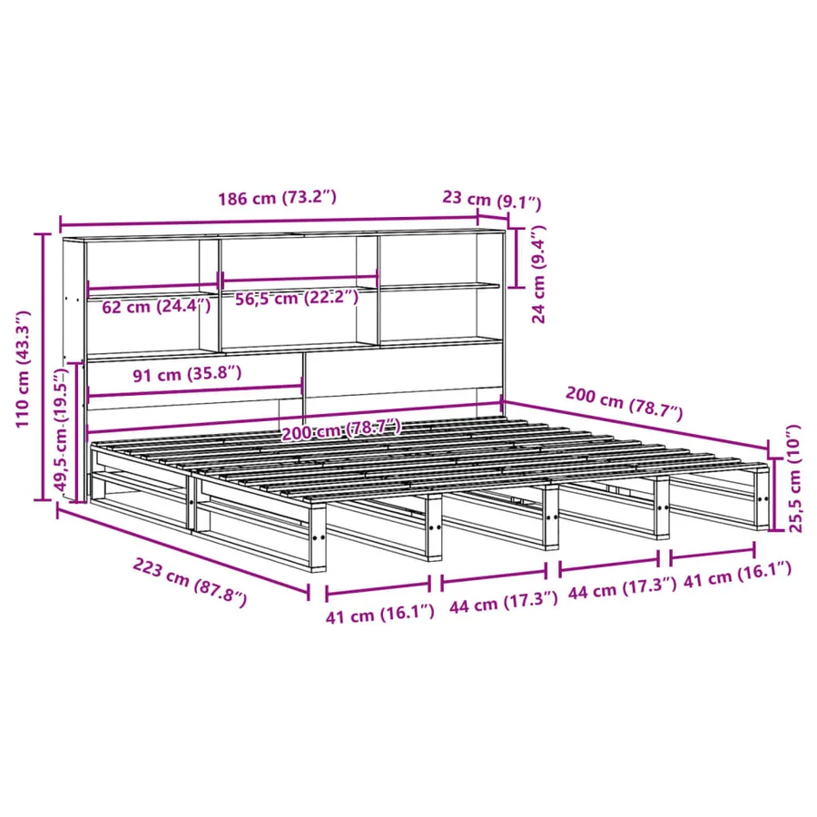 Lit bibliothèque sans matelas blanc 180x200 cm bois massif - 12