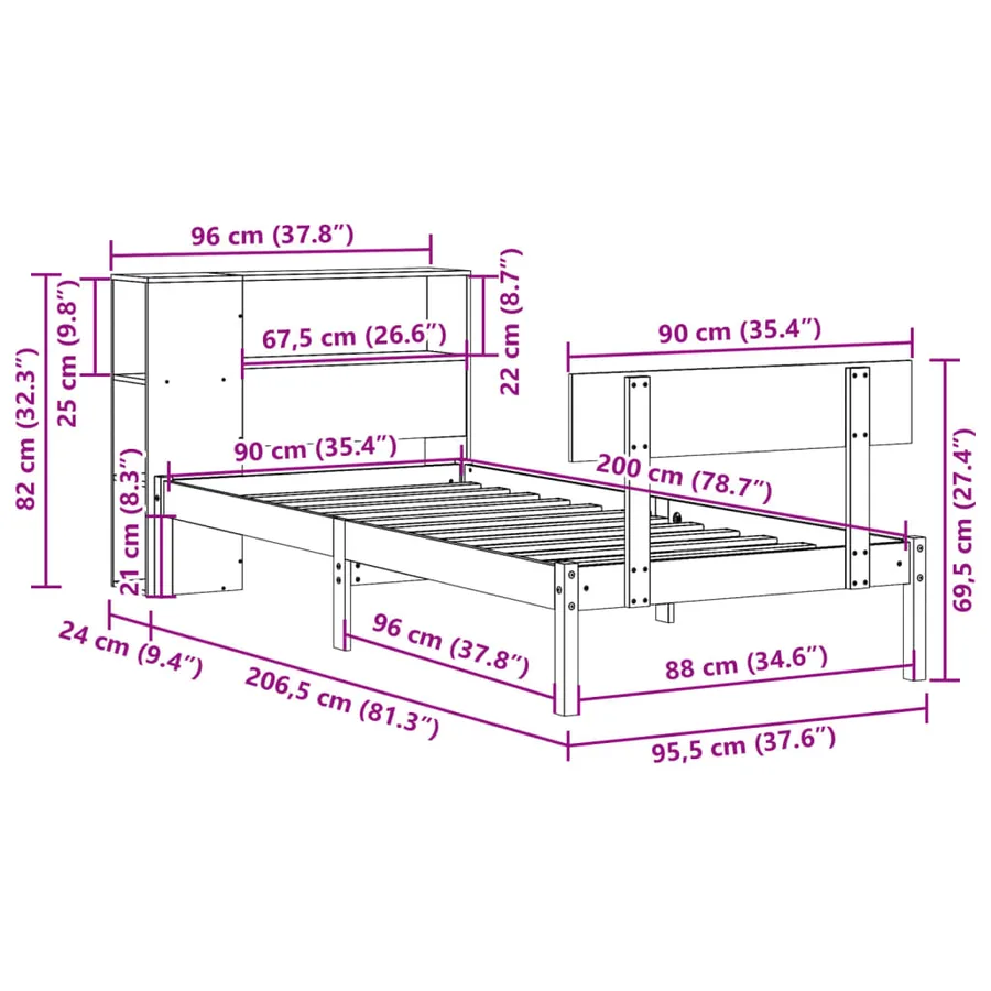 Lit bibliothèque sans matelas 90x200 cm bois de pin massif - 11