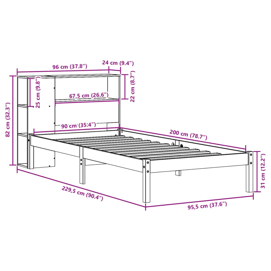 Lit bibliothèque sans matelas 90x200 cm bois de pin massif - 12