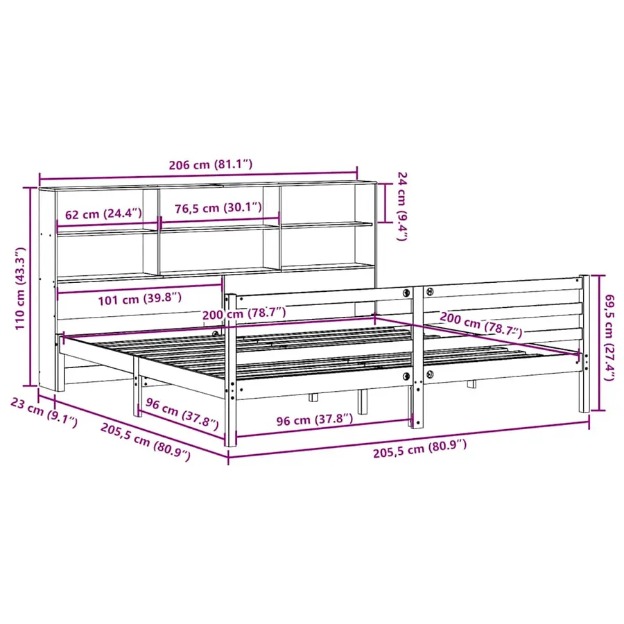 Lit bibliothèque sans matelas cire marron 200x200cm bois massif - 11