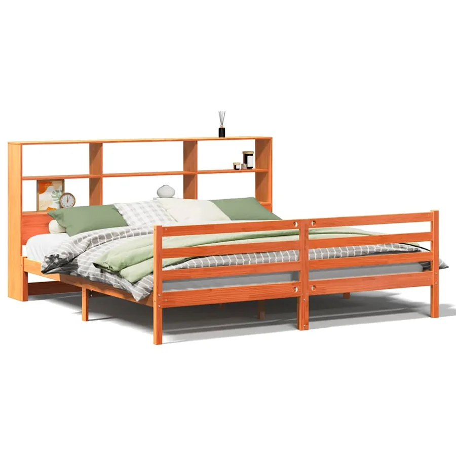 Lit bibliothèque sans matelas cire marron 200x200cm bois massif - 2