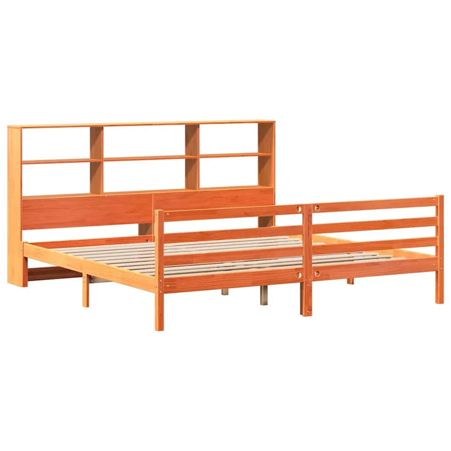 Lit bibliothèque sans matelas cire marron 200x200cm bois massif - 3