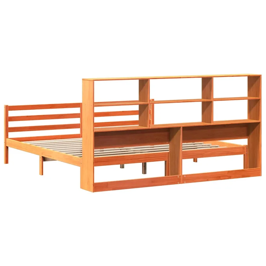 Lit bibliothèque sans matelas cire marron 200x200cm bois massif - 6