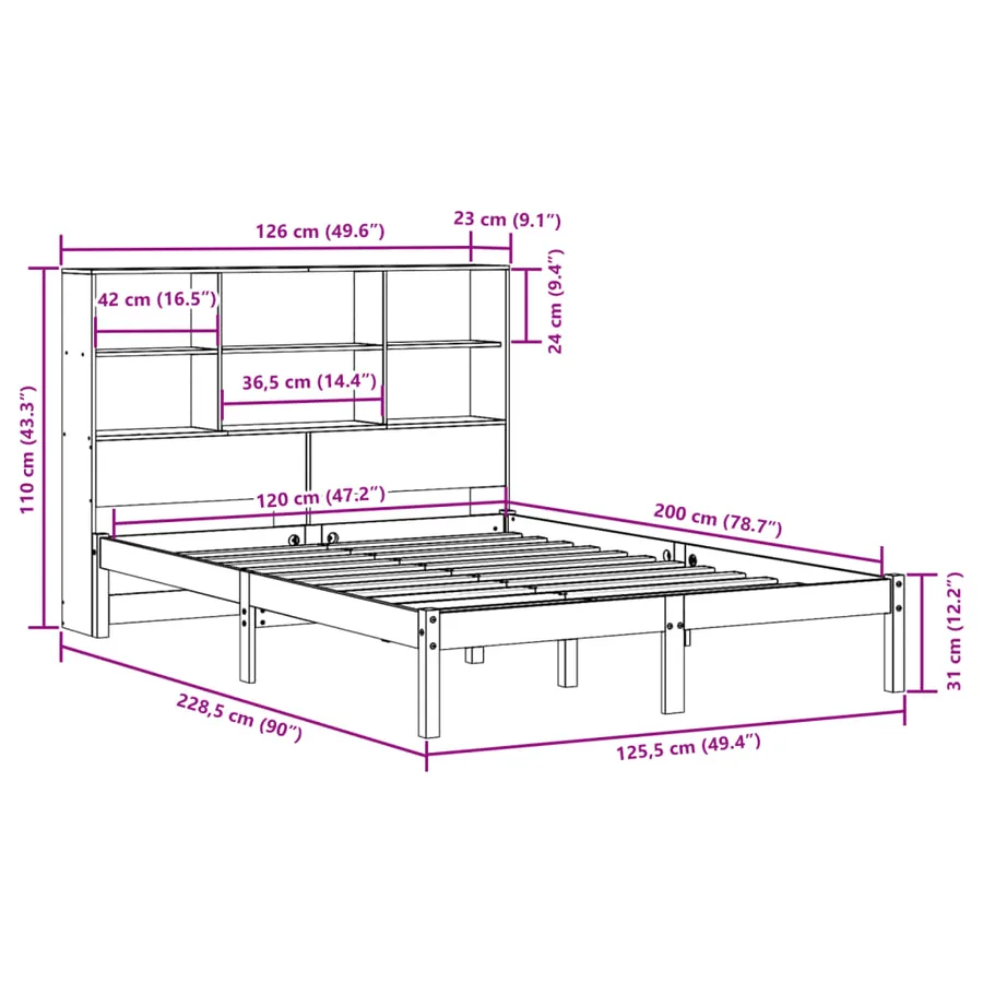 Lit bibliothèque sans matelas cire marron 120x200 cm pin massif - 12