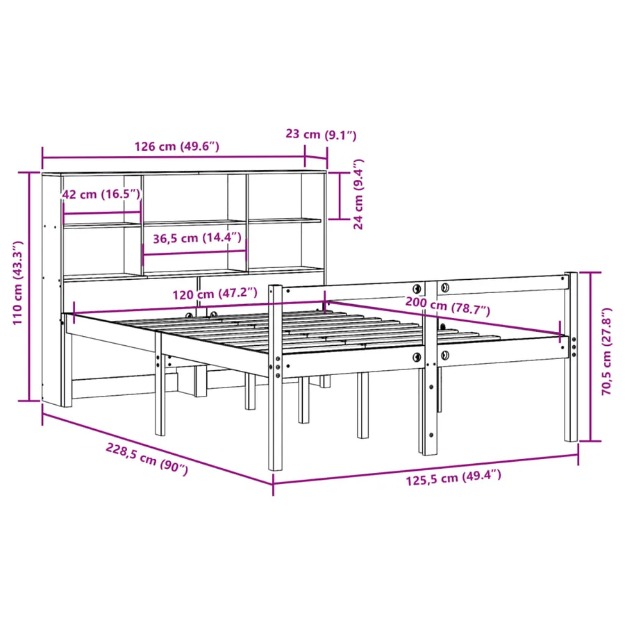 Lit bibliothèque sans matelas cire marron 120x200cm bois massif - 12