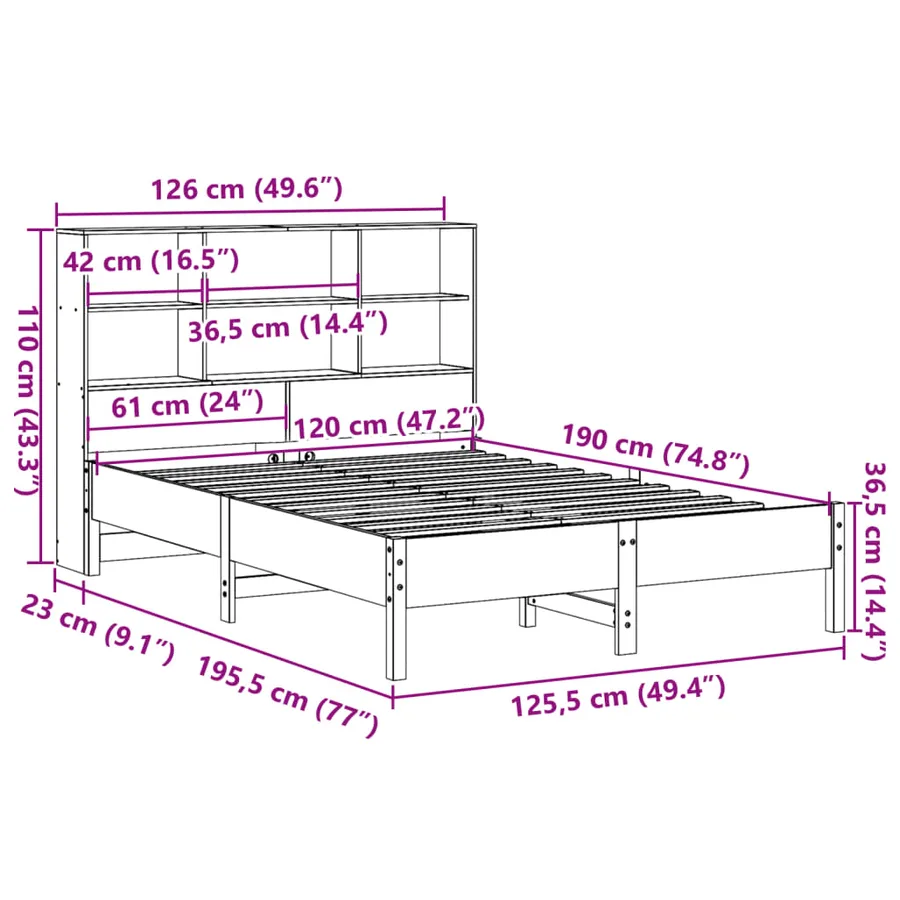 Lit bibliothèque sans matelas cire marron 120x190cm pin massif - 11