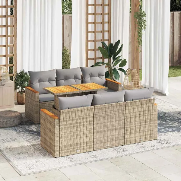 Salon de jardin avec coussins 7 pcs beige résine tressée acacia