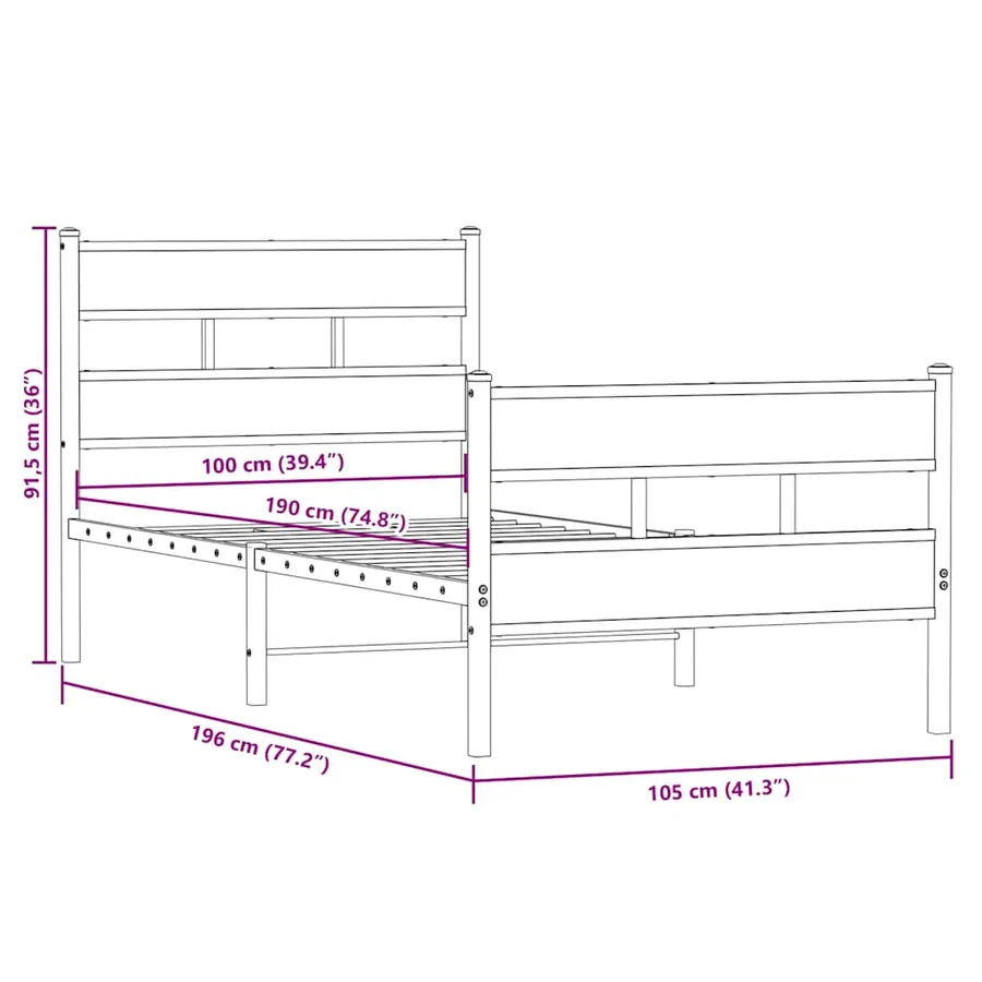 Cadre de lit en métal sans matelas chêne sonoma 100x190 cm - 9