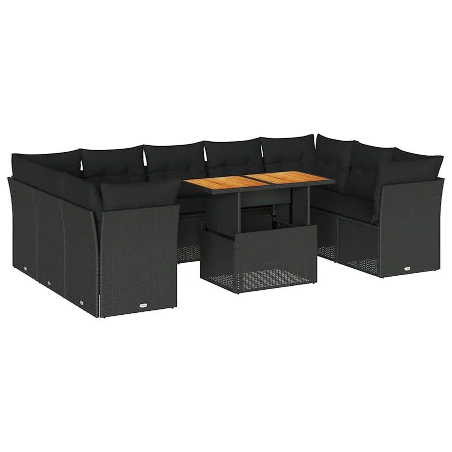 Salon de jardin 10 pcs avec coussins noir résine tressée - 2