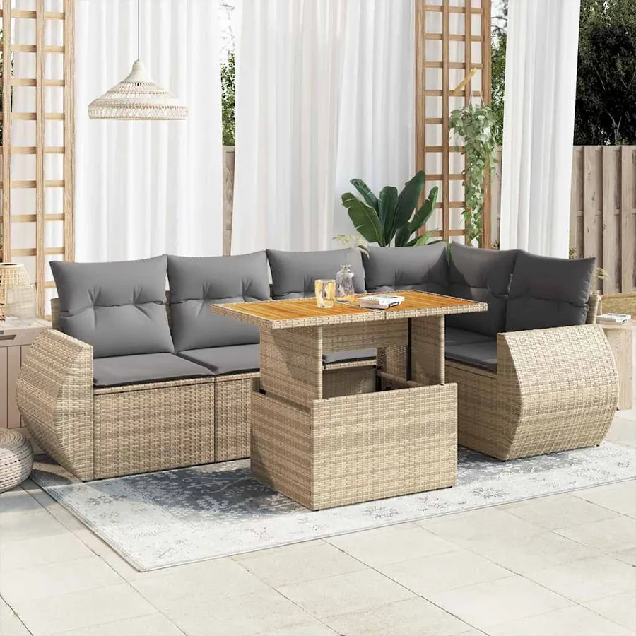 Salon de jardin avec coussins 6 pcs beige résine tressée
