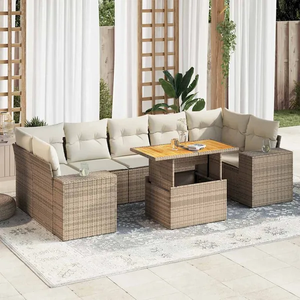 Salon de jardin avec coussins 8 pcs beige résine tressée