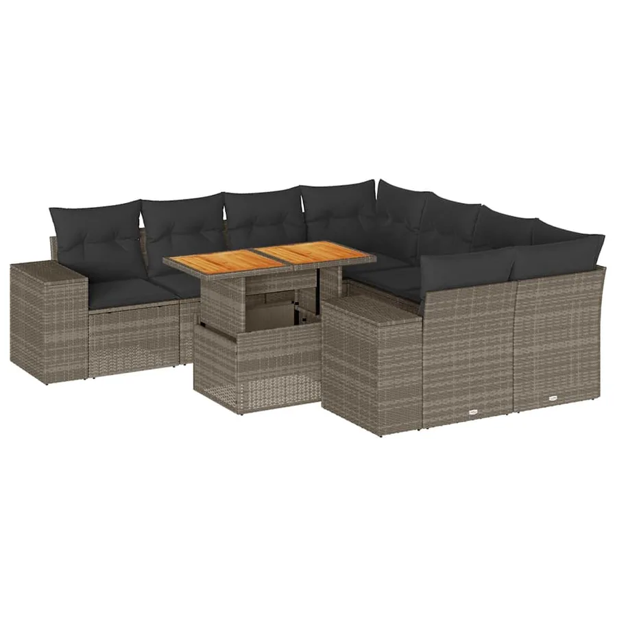 Salon de jardin 9 pcs avec coussins gris résine tressée - 2
