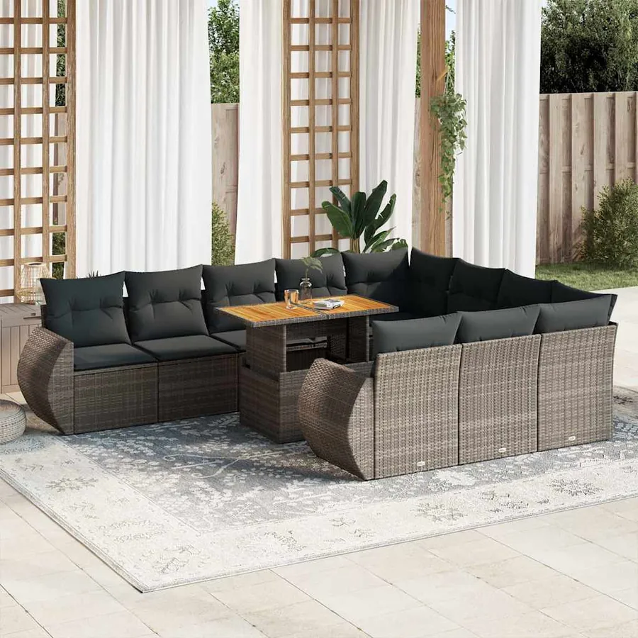 Salon de jardin 11 pcs avec coussins gris résine tressée