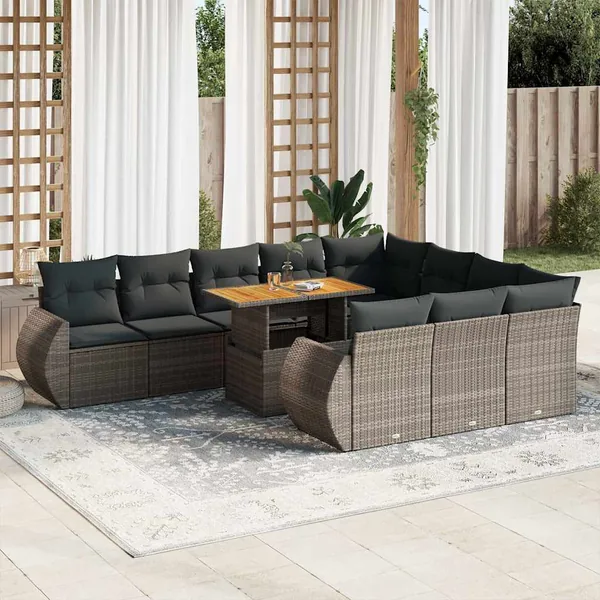 Salon de jardin 11 pcs avec coussins gris résine tressée