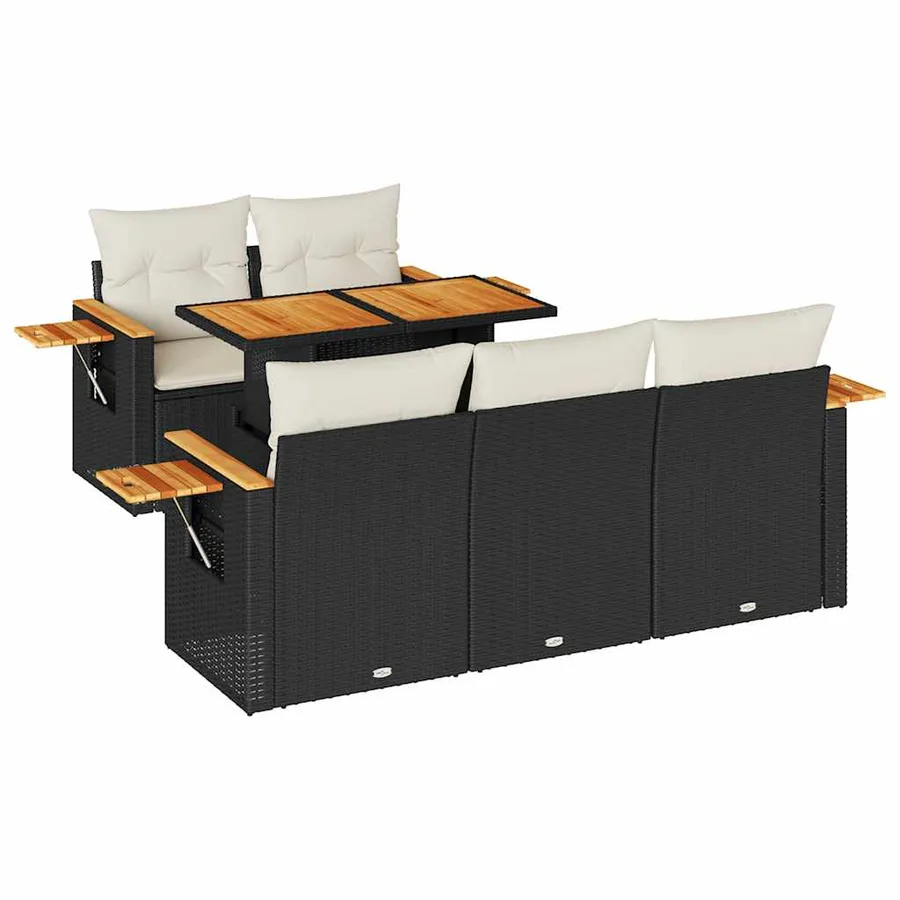Salon de jardin 6 pcs avec coussins noir résine tressée acacia - 2