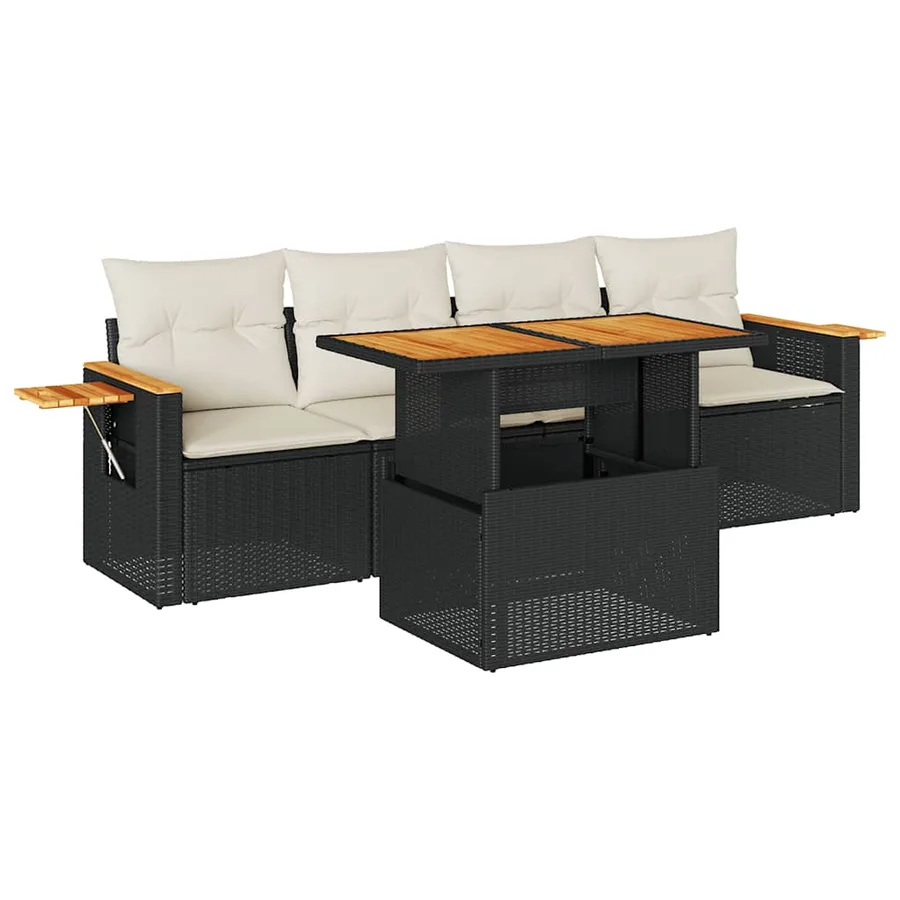 Salon de jardin 5 pcs avec coussins noir résine tressée acacia - 2