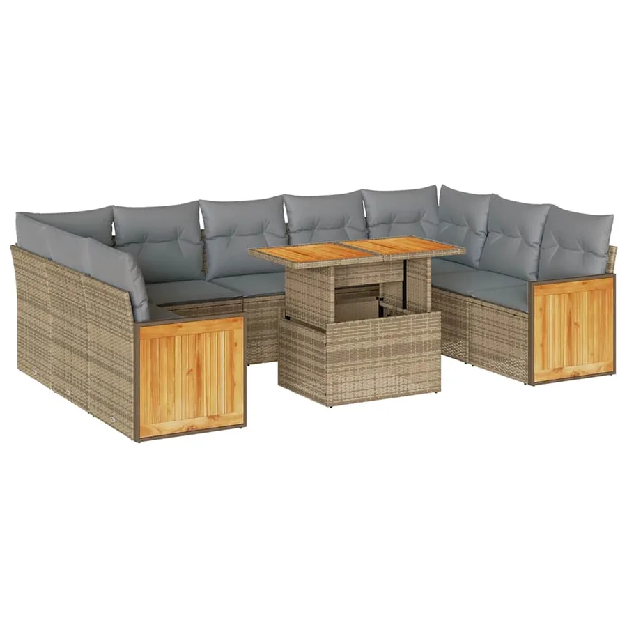 Salon de jardin avec coussins 10pcs beige résine tressée acacia - 2