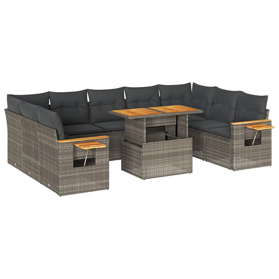 Salon de jardin avec coussins 10 pcs gris résine tressée acacia - 2