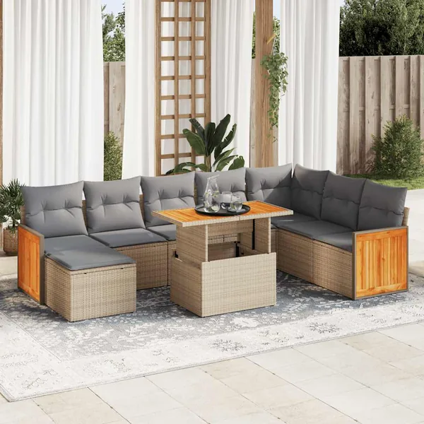 Salon de jardin avec coussins 9 pcs beige résine tressée acacia