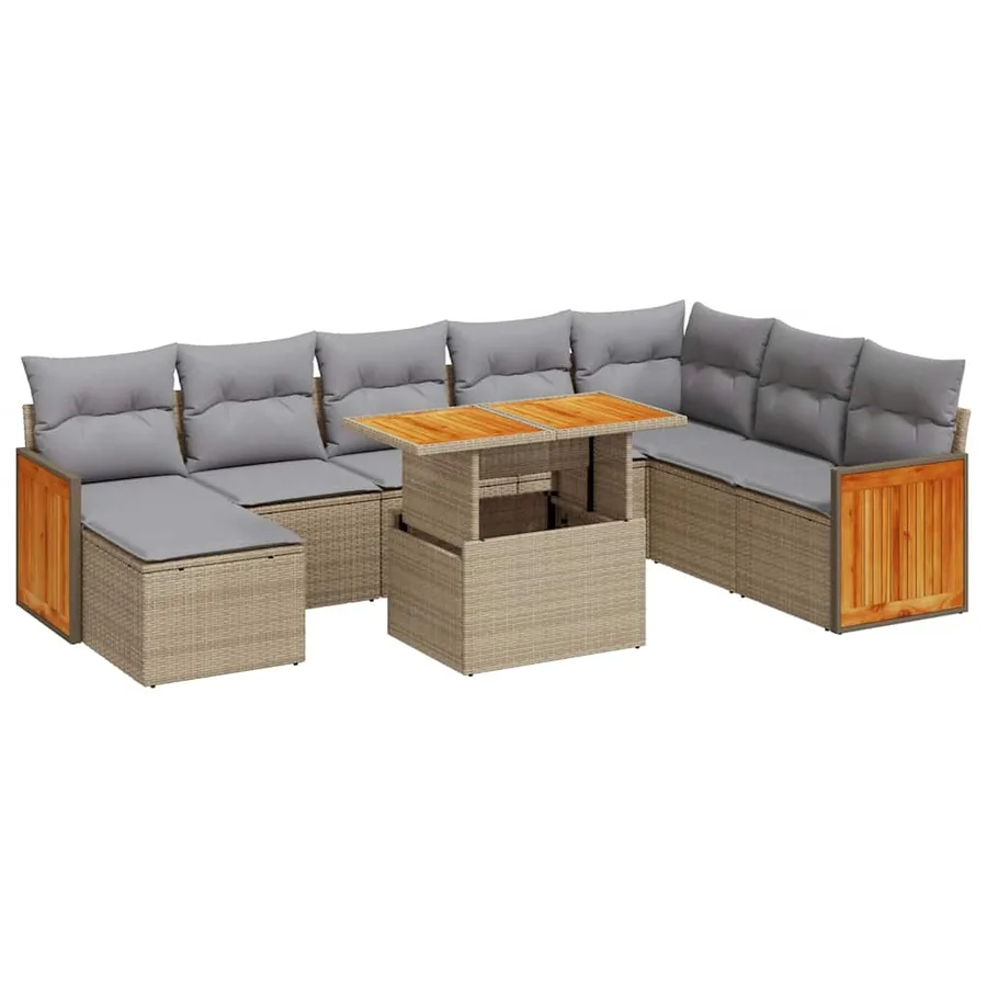 Salon de jardin avec coussins 9 pcs beige résine tressée acacia - 2