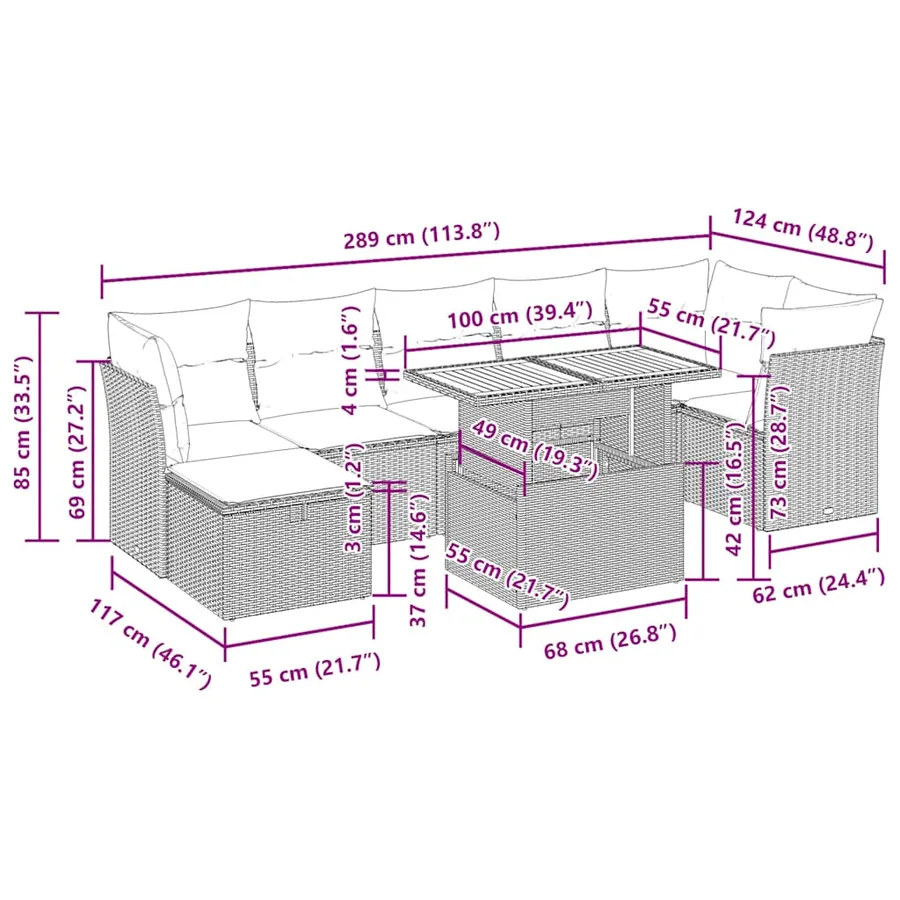 Salon de jardin avec coussins 8 pcs noir résine tressée acacia - 14