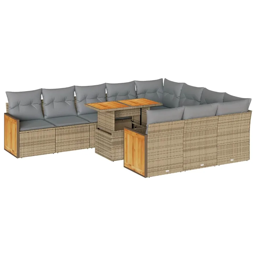Salon de jardin 11pcs avec coussins beige résine tressée acacia - 2